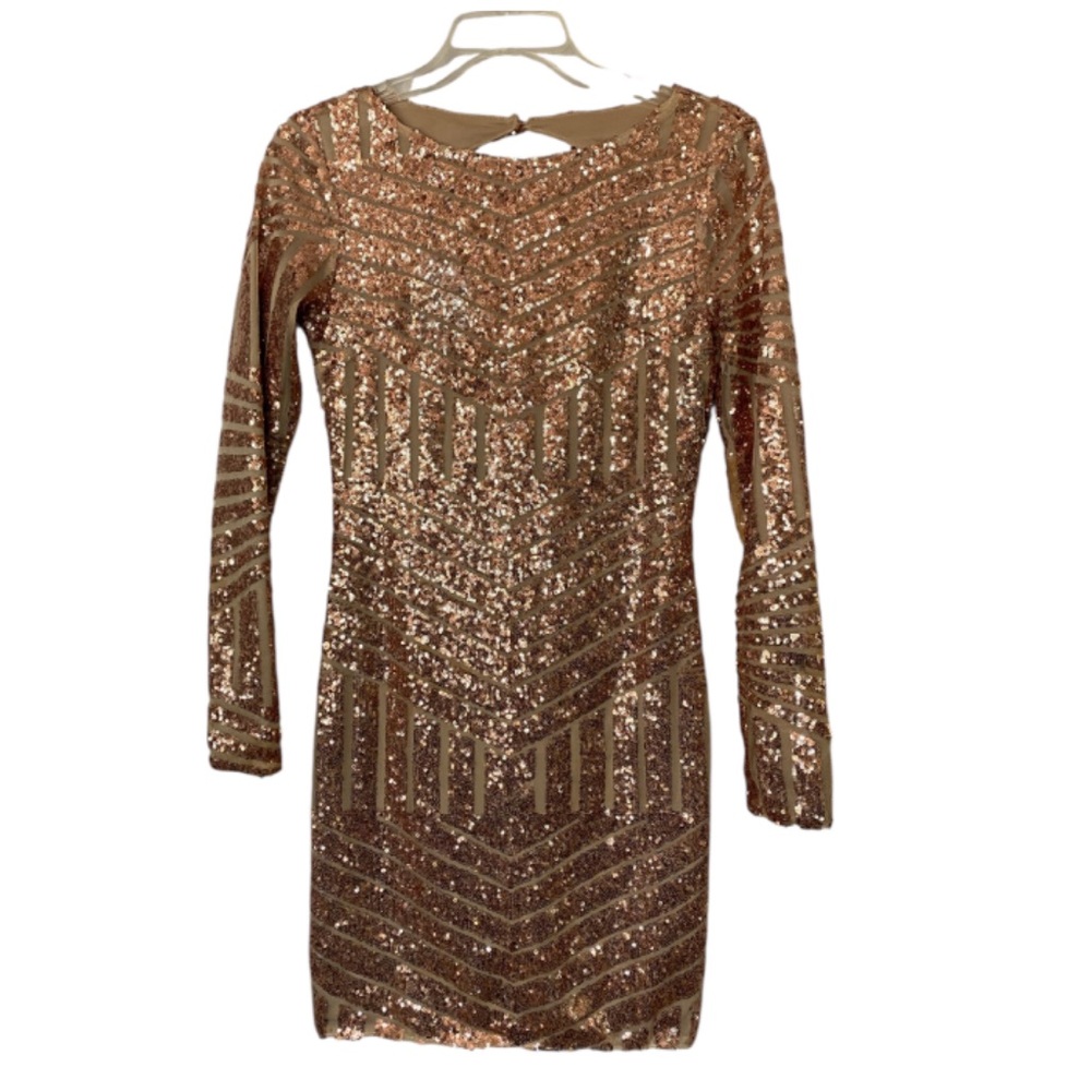 Latiste Sequin Rose Gold Dress Size Small Open Back Long Sleeve Glam Party Fairy - Picture 1 of 6
